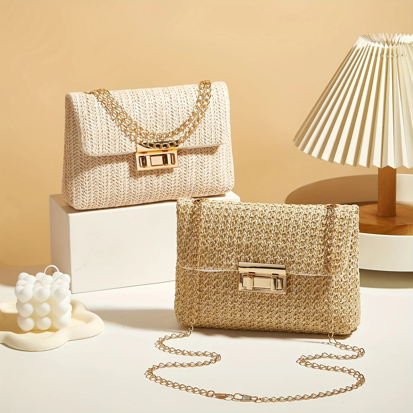 Handwoven Straw Shoulder Bag for Women | Fashion Solid Color Crossbody Purse with Lock Closure | Versatile Sequined Satchel with Rivet Accents | Lightweight Four-Season Straw Handbag Luxegan