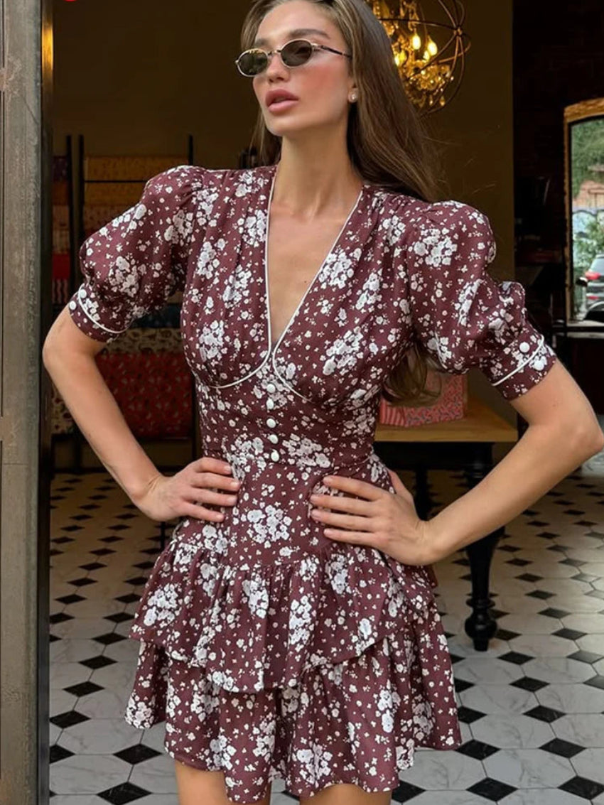 Print V-Neck Short Sleeve Slim Fit A-Line Mini Dress – Empire Waist, Summer Luxegan
