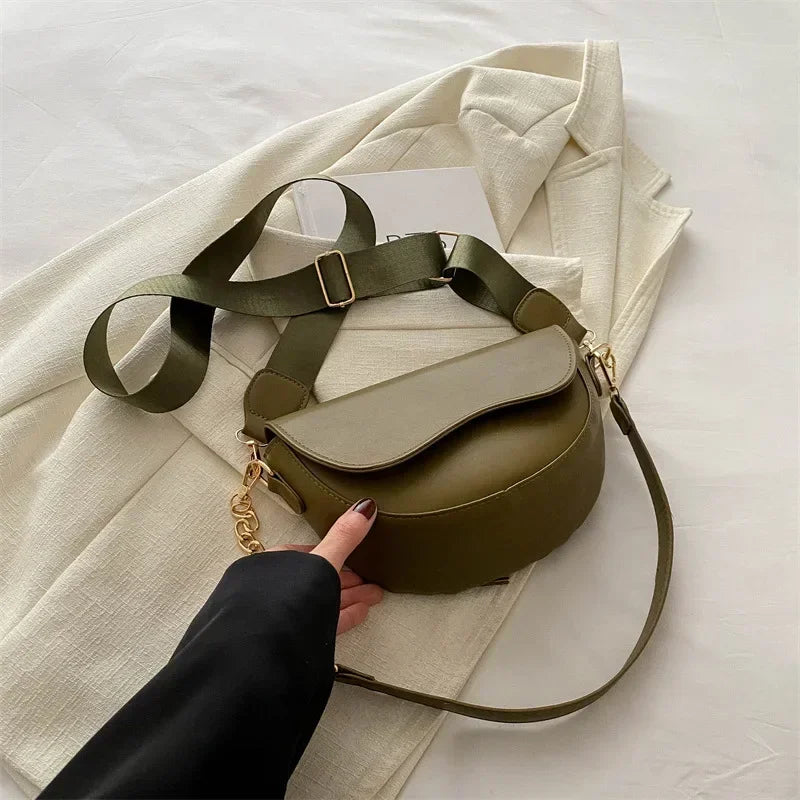 Retro Chain-Strap Saddle Bag | Solid Color Shoulder & Crossbody Purse Luxegan