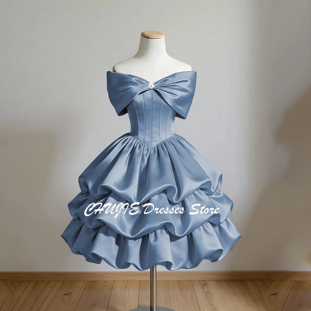 Vintage Off-The-Shoulder Homecoming Mini Dress | Crystal Bow Tiered Graduation Dress | Sleeveless Knee-Length Satin Sweet 15 16 Prom Gown Luxegan