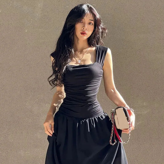 Ruched Spaghetti Strap Maxi Dress | Square Neck High Waist Slim A-Line Party Dress Luxegan