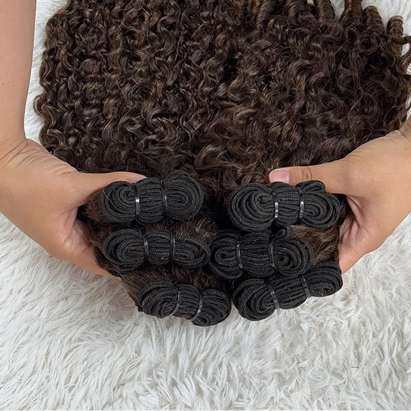 Burmese Highlight Brown Pixie Curly Human Hair Bundles | 12A Grade Raw Virgin Brazilian Curly Weaving | 100% Remy Human Hair Machine Double Weft Bundle Extensions Luxegan