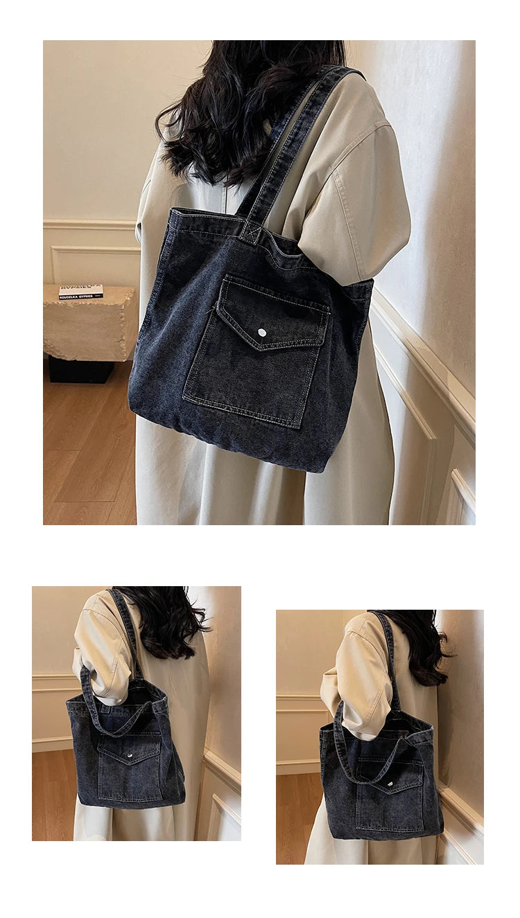 Fashion Luxury Women’s Denim Shoulder Bag | High-Quality Fabric Large Capacity Tote | Sophisticated Multi-Functional Handbag | Fashion-Forward Square Denim Crossbody with Exterior Flap Pocket