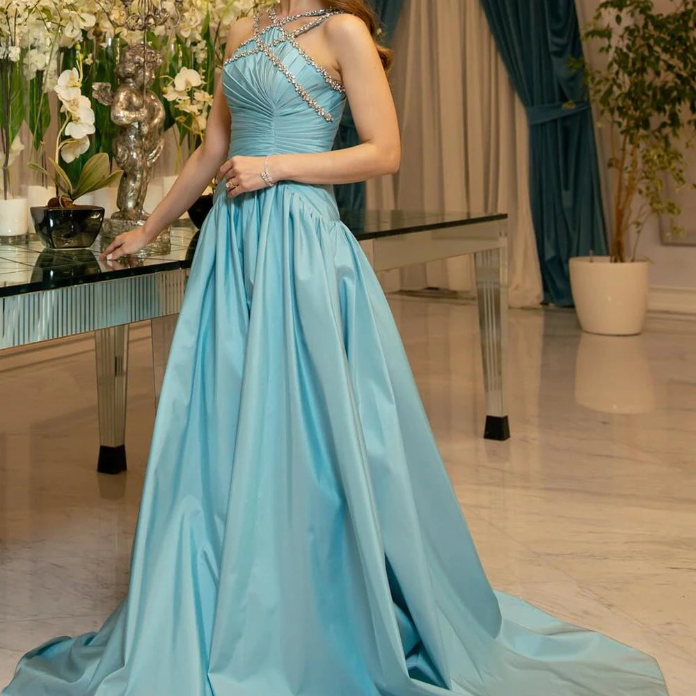 Crystal Pleat A-Line Prom Gown | V-Neck Backless Floor-Length Evening Dress Luxegan