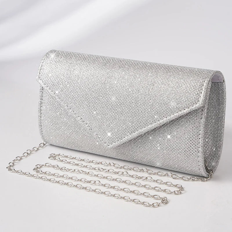 Women Envelope Evening Bag Glitter Ladies Chain Shoulder Bags | Shiny Silver Long Purse Female Wedding Party Clutches Mini Handbag Luxegan