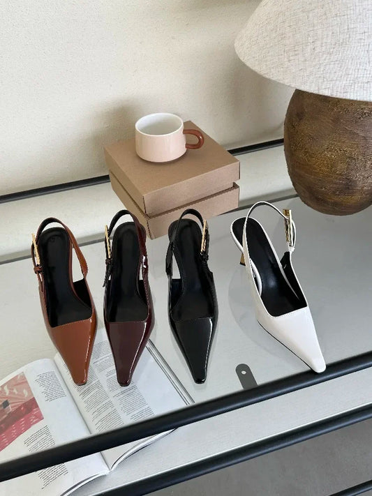 Summer New Fashion Slingback Pumps | Sophisticated Transparent Pointed Toe Heels | Elegant "Patent Leather" Dress Sandals | "Dignified" High Thin Heel Wedding Shoes for Radiant Versatile Styling Luxegan