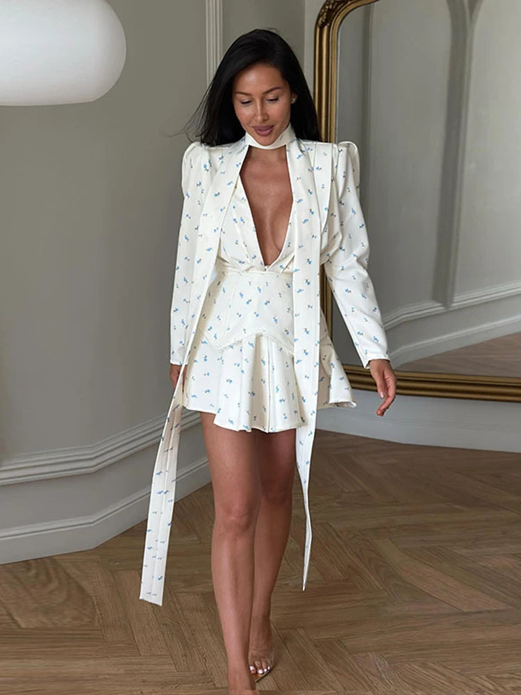 Print V-Neck Long Sleeve Regular Fit A-Line Mid-Calf Dress – Polyester, Natural Waist, Summer Luxegan