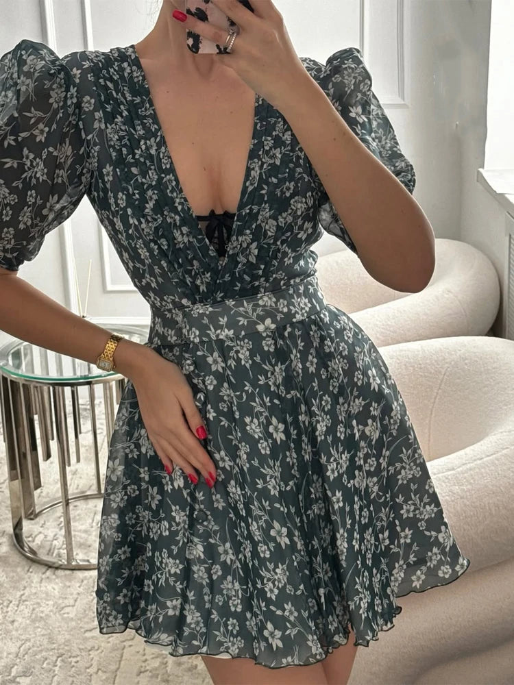 Elegant Floral Printed Mini Dress | Chic V-Neck Full Sleeve Single-Breasted Gown | Fashionable - view 3