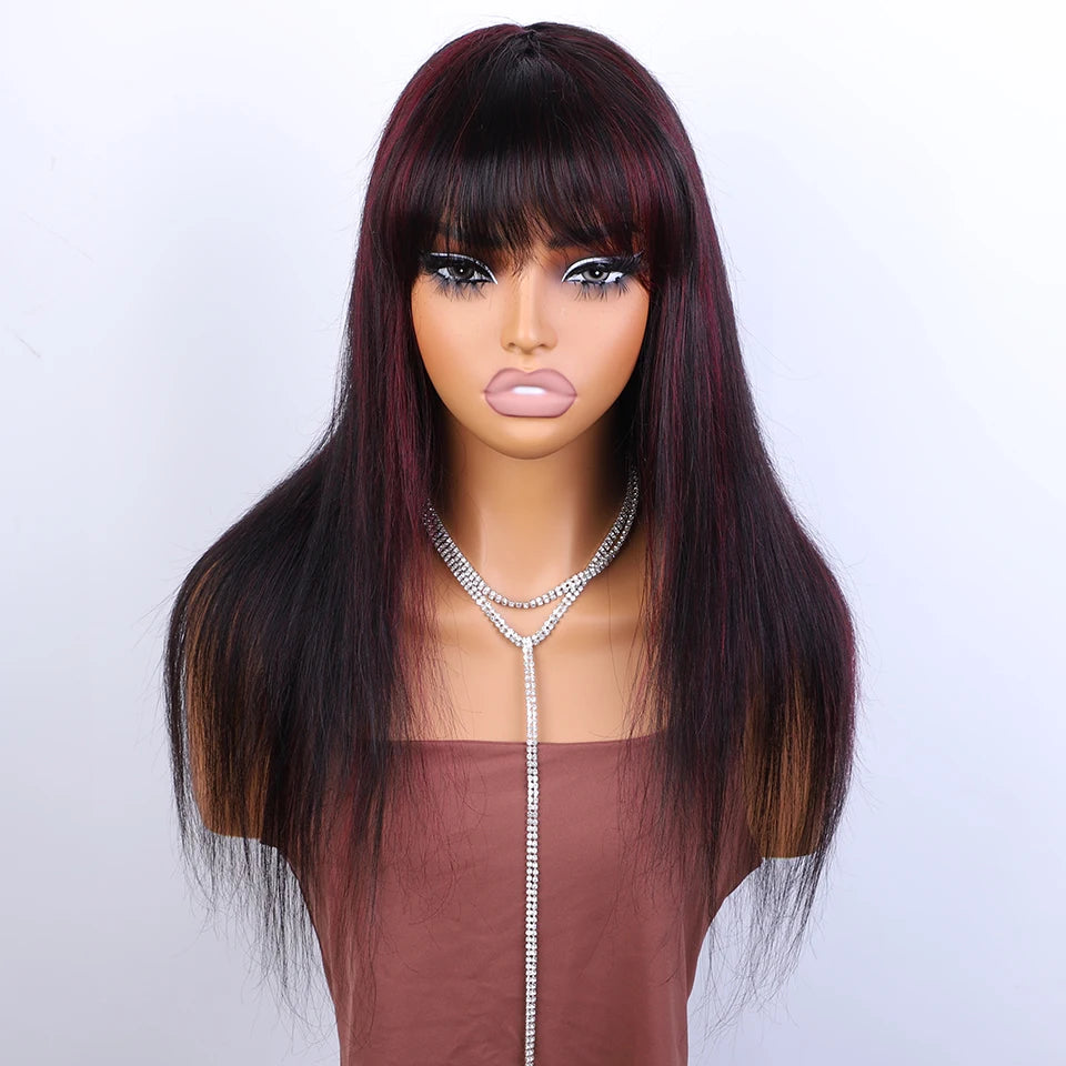  Burgundy Red & Black Bone Straight Wig with Bangs | Full Machine Made Human Hair (18-24") Luxegan