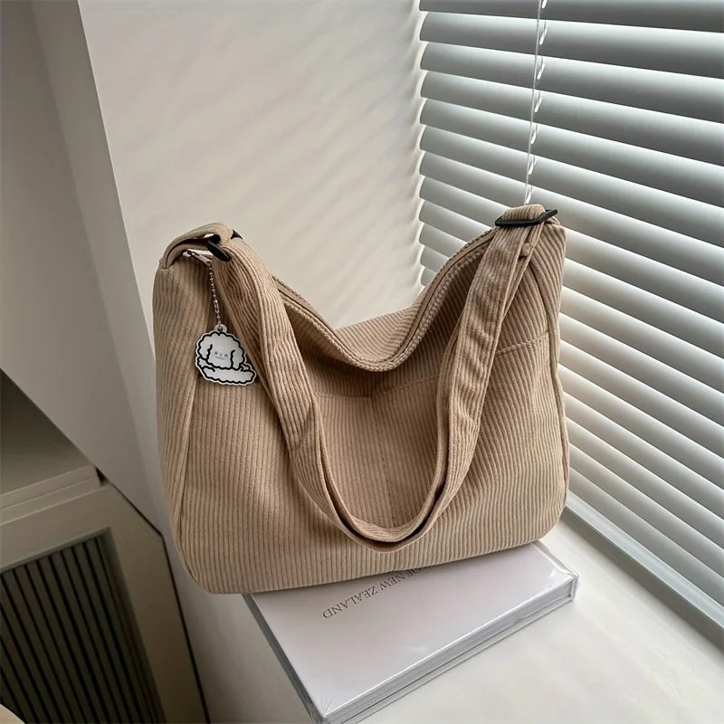 Women's Corduroy Shoulder Bag | Casual Striped Large Capacity Tote with Zipper (Cute Hat Patch, Everyday Use) Luxegan