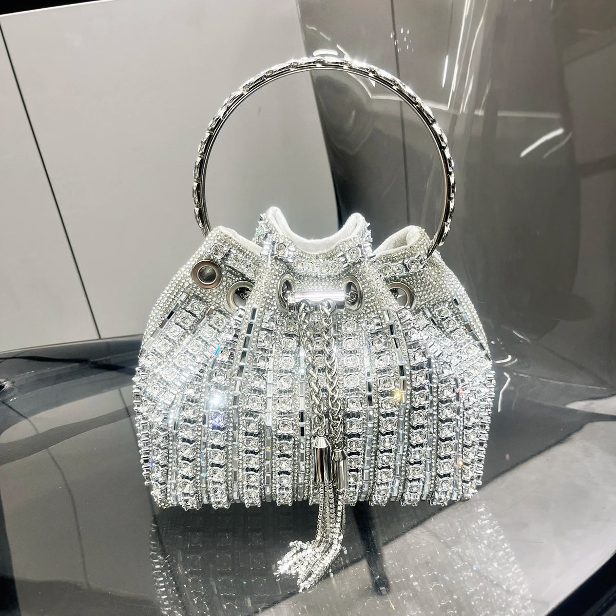 Polyester Fashion Bucket Clutch | Luxury Designer Rhinestone Evening Bag Luxegan