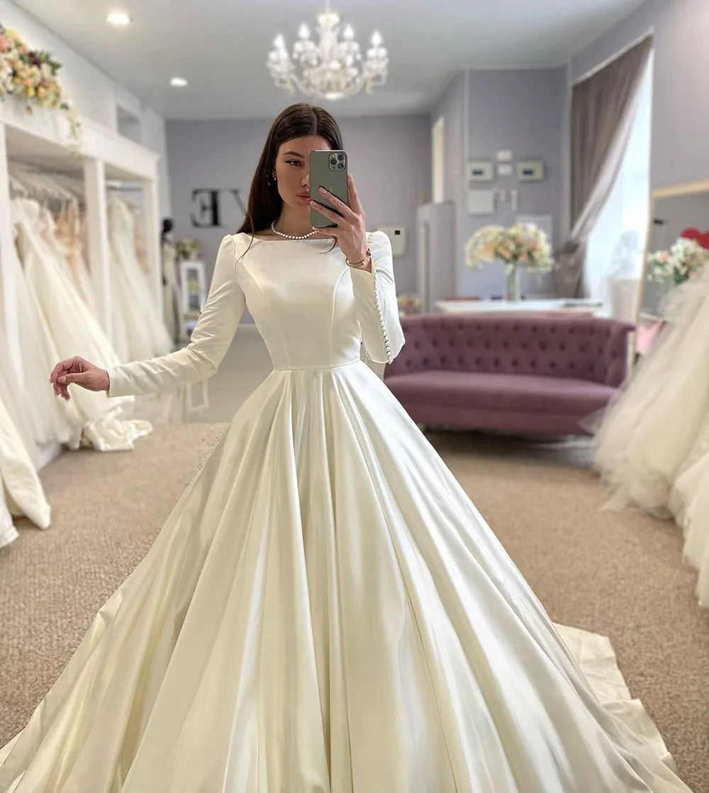 Modest Conservative Muslim Wedding Dress | Full-Sleeve Satin Bridal Gown | Elegant High-Neck A-Line Customized Long Wedding Gown Luxegan