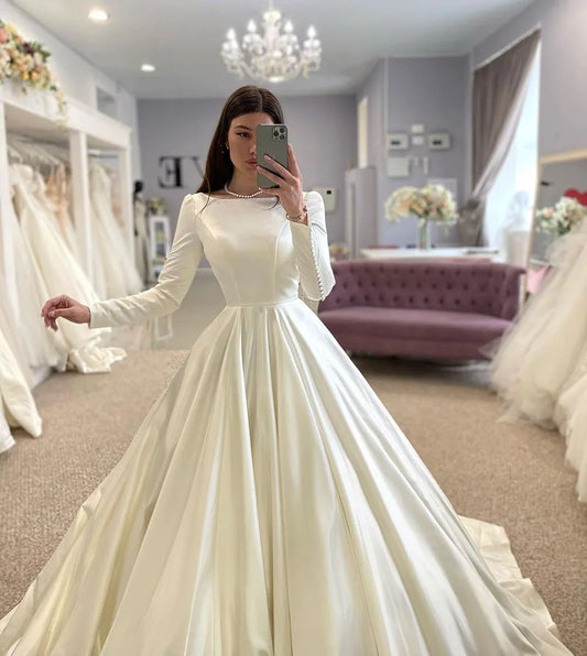 Modest Conservative Muslim Wedding Dress | Full-Sleeve Satin Bridal Gown | Elegant High-Neck A-Line Customized Long Wedding Gown Luxegan