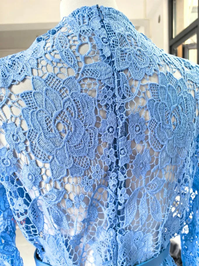 Elegant Embroidered Lace Formal Evening Dress | No Lining Hollow Out Long Sleeve Mermaid Dress | Summer Midi Vestidos with Belted Empire Waist | Slim Fit O-Neck Puff Sleeve Holiday Dress Luxegan