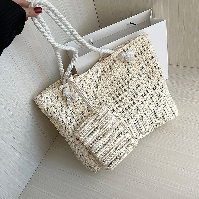 Designer Women’s Straw Tote | Sophisticated Large Capacity Beach Bag | Elegant Casual Bali-Inspired Purse | Luxury "Dignified" Woven Straw Handbag with Secure Hasp Closure Luxegan