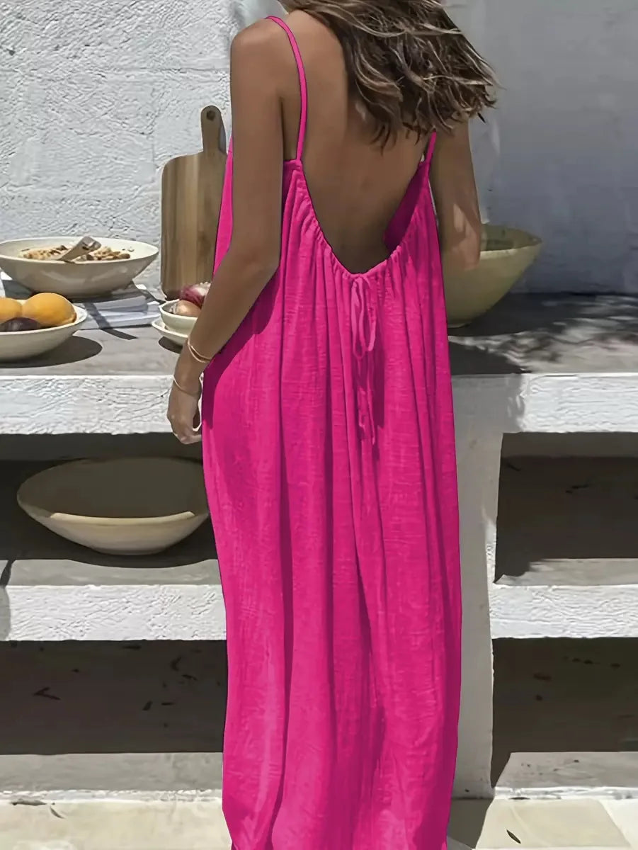 Ladies Loose H-Line Long Gown Nightwear | Comfortable Polyester Sleeveless Strap Home Clothing | Casual V-Neck Solid Color Lounge Dress | Elegant Ankle-Length Summer Beach Style Sleepwear Luxegan
