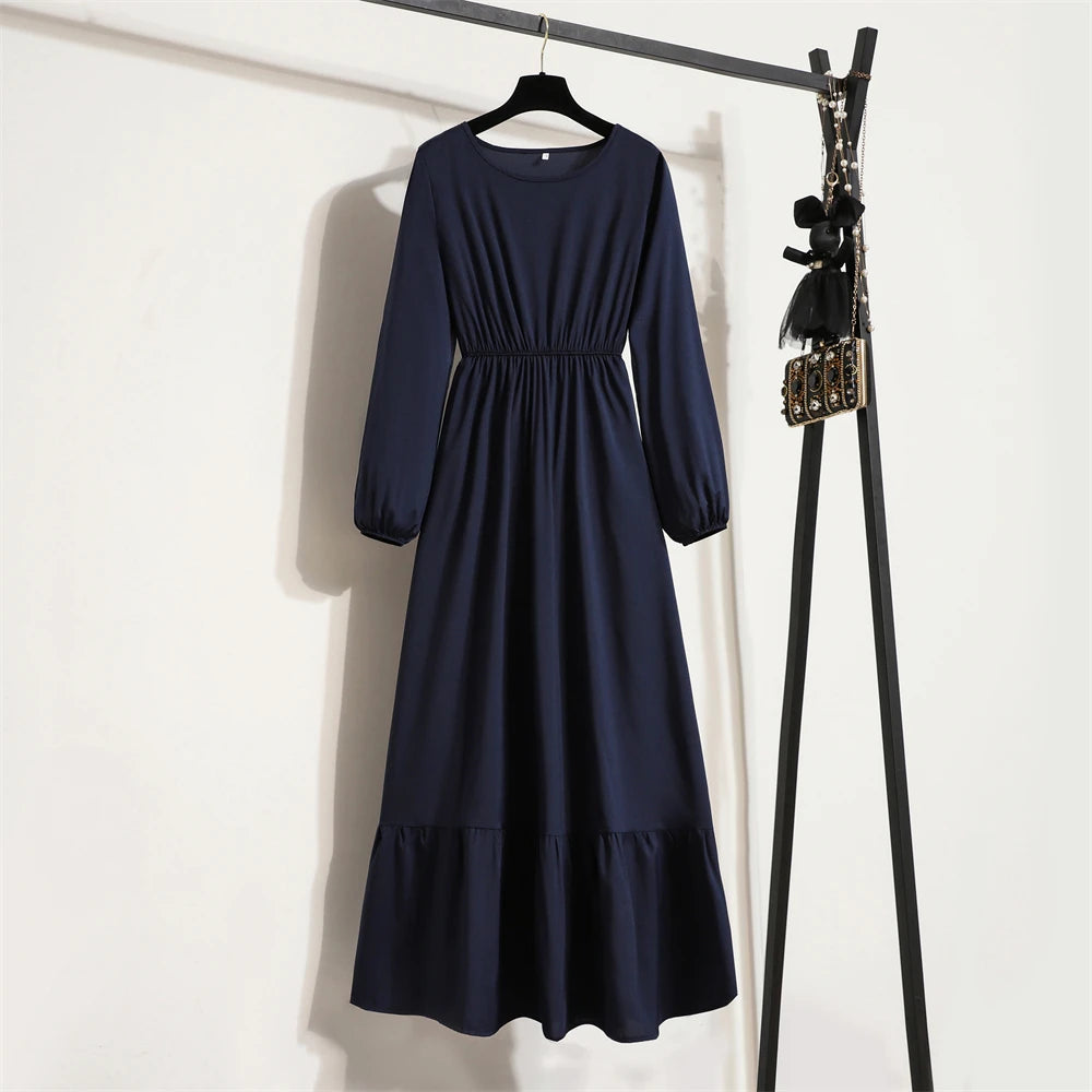 Women's Solid Chiffon Muslim Maxi Dress | Long-Sleeve Casual Loose Fit A-Line Dress | Full-Sleeve O-Neck Spring Autumn Ankle-Length Robe Luxegan