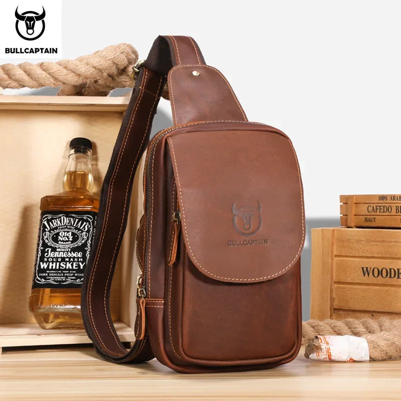 BULLCAPTAIN Bolsos cruzados para hombre de cuero Crazy Horse, bolso de pecho de cuero, bolsos cruzados retro para hombre con bolsillo de cremallera, bolso de viaje corto