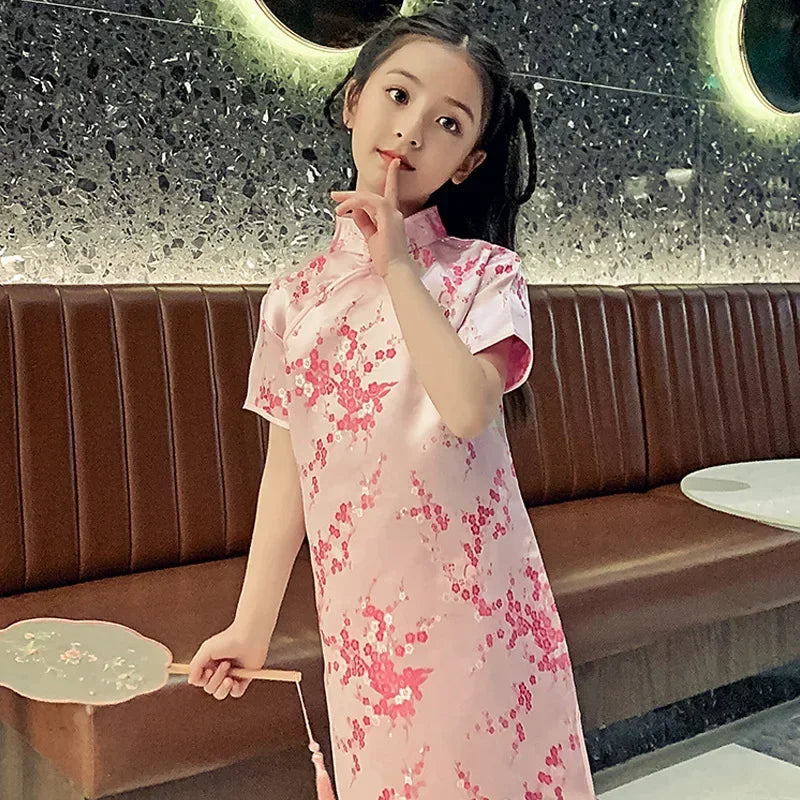 Modern Cheongsam Dress for Girls | Summer Casual Chinese Style Qipao Costume | Short-Sleeve Knee-Length Straight Silhouette Dress for Kids Luxegan