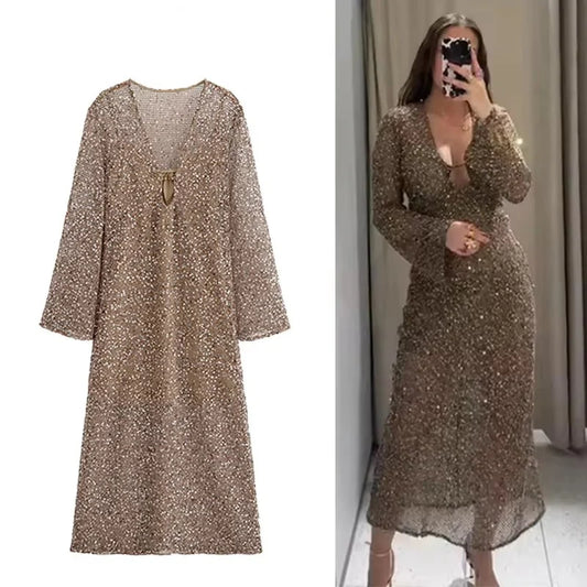 Sequin Pleated Maxi Dress | Deep V-Neck Long Sleeve See-Through Party Evening Gown Luxegan