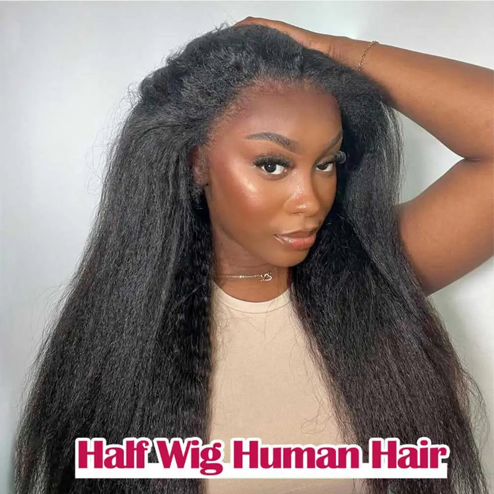 Afro Kinky Straight 3-In-1 Half Wig | Sophisticated "Seamless Flip-Over" Silhouette | Elegant 250% Density Drawstring Hairpiece | "Dignified" 30-Inch Brazilian Human Hair Wig for Radiant Versatile Styling Luxegan