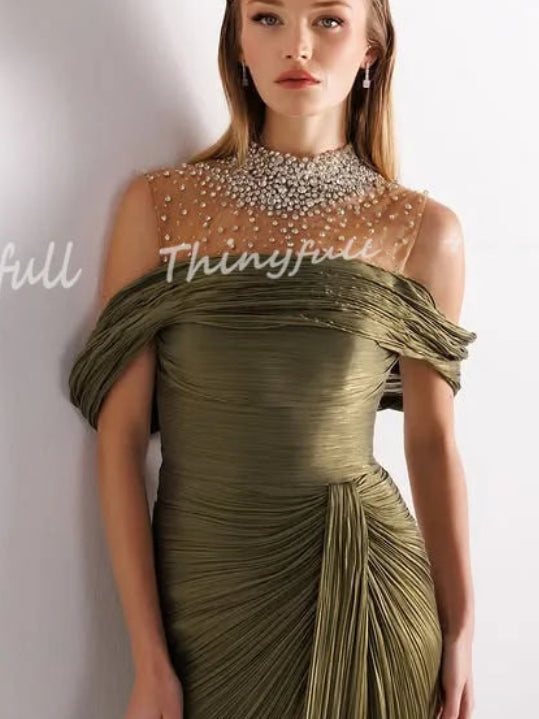Dubai Shiny Satin Mermaid Prom Dress | Elegant High-Neck Pearl Evening Party Gown | Sleeveless Off-The-Shoulder Split Floor-Length Dress Luxegan