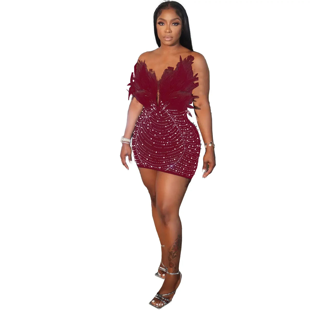 Solid V-Neck Strapless Diamanté Embellished Slim Fit Pencil Mini Dress – Empire Waist, Summer Luxegan