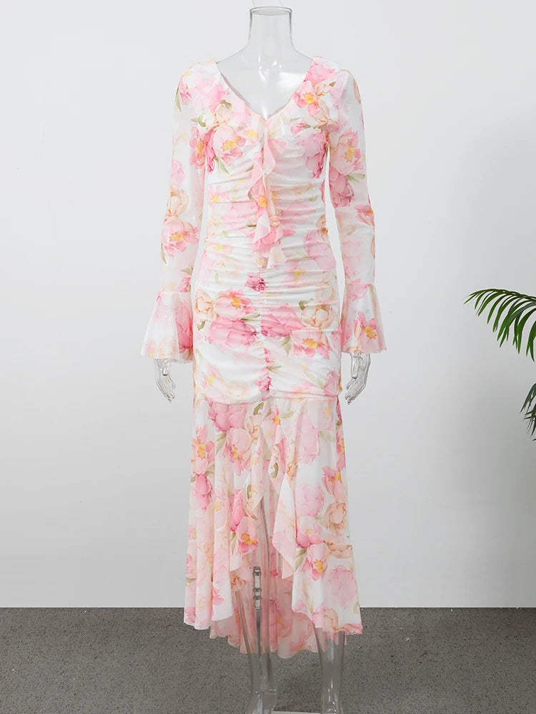 Flutter Sleeves Slim Long Dress Women Casual Pleated Deep V-neck Floral Print High Waist Dresses 2026 Lady Summer Holiday Wear
