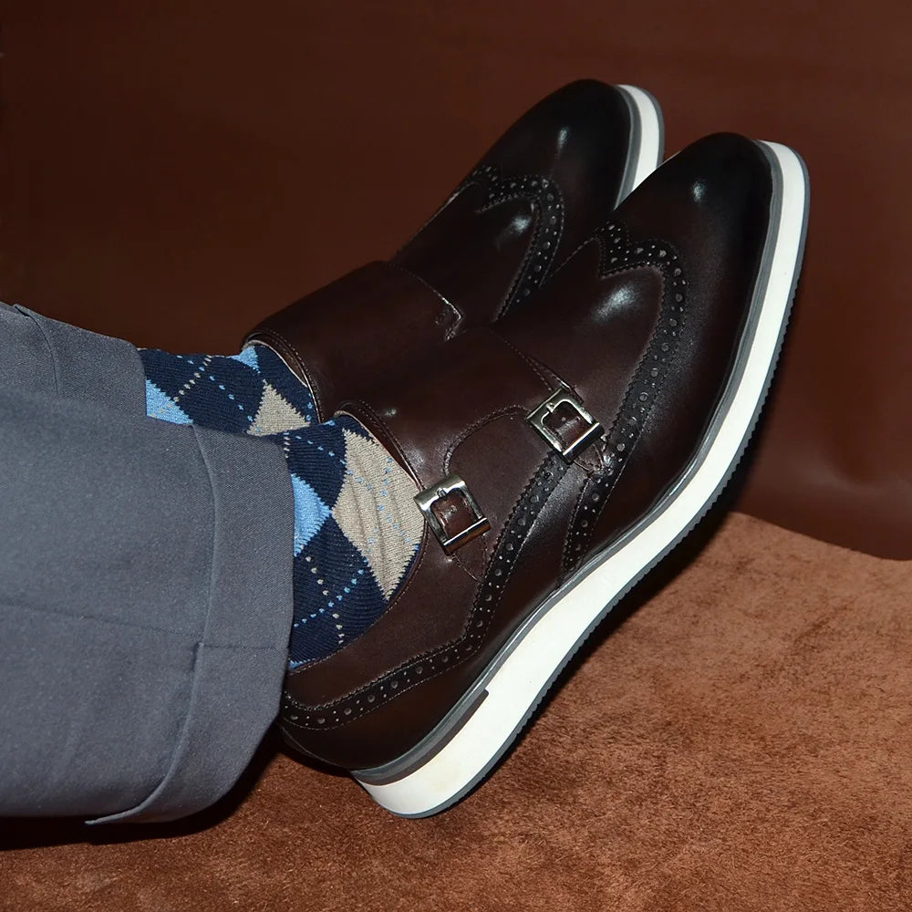 Classic European Luxury Monk Strap Sneakers | Sophisticated Double Buckle Wingtip Brogue | Elegant "Genuine Cow Leather & Suede" Silhouette | "Dignified" Sheepskin Insole & Non-Slip Rubber for Radiant Versatile Styling Luxegan