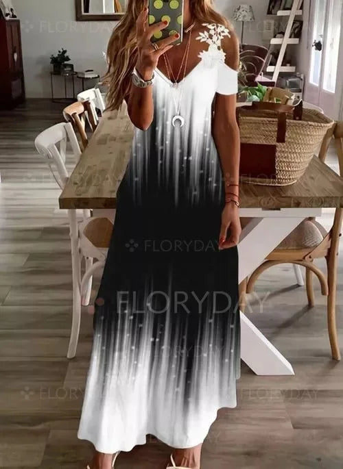 Floral V-Neck Spaghetti Strap Lace Detail Regular Fit A-Line Ankle-Length Dress – Brocade, Medium Stretch, Summer Luxegan