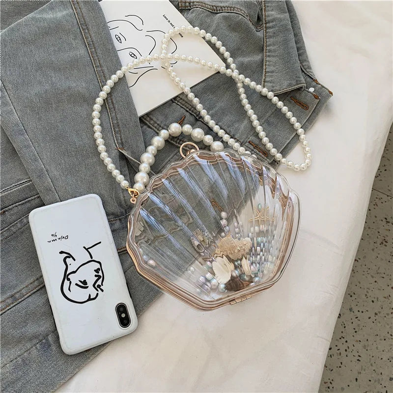 PVC Transparent Shell Bag | Hard Pearl Chain Crossbody & Evening Clutch Luxegan