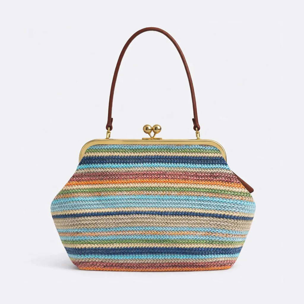 Large Striped Woven Shell Clutch | Sophisticated "Beach Vacation" Silhouette | Elegant Designer PP Straw Handbag | "Dignified" High-Performance Summer Essential for Radiant Versatile Styling Luxegan