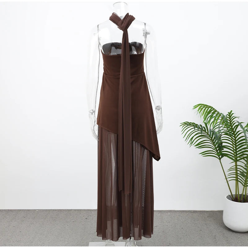 Elegant White Mesh Splicing Slim Women Strapless Dress Chic Scarf Neck Off Shoulder High Waist Long Dresses Lady Party Robes