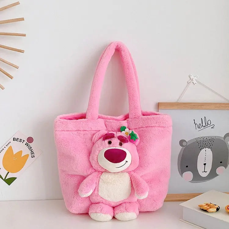 New Cartoon Plush Doll Shoulder Bag | Sweet and Cute Stitch Strawberry Bear Soft Cute Girls Handbag Luxegan