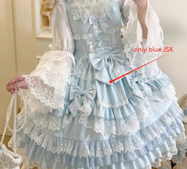 Women's Sweet Lolita JSK Suspender Dress Set | Original Doll Feeling Princess Fairy Mini Gown | Elegant Lace Bow Spaghetti Strap Cake Dress | Premium Tatting Slight Stretch Empire Waist Vestido Luxegan