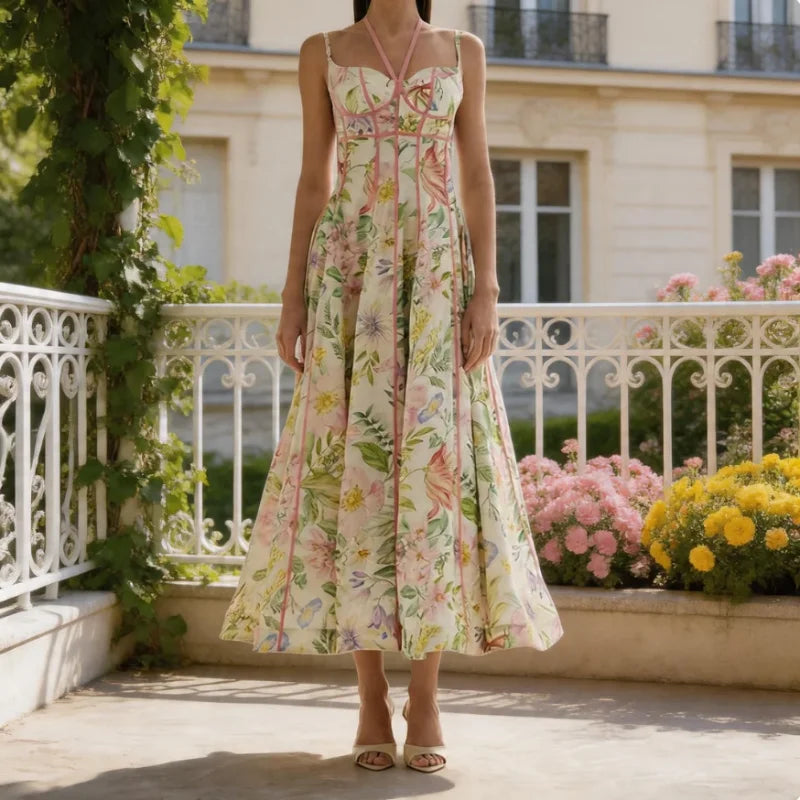 Floral Corset Halter Maxi Dress – Sleeveless, Flowy A-Line, Beach & Evening Luxegan