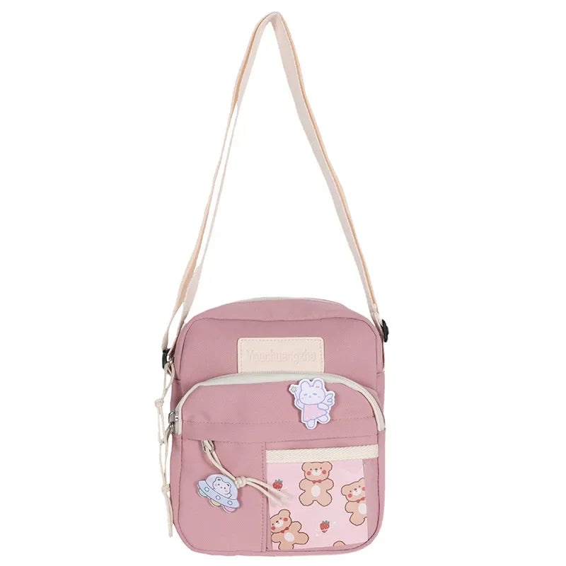 Cute Clear Kawaii Canvas Bag | Harajuku Cartoon Messenger Bag for Girls | Sophisticated Small Patchwork Shoulder Pouch | Fashion-Forward Nylon Cellphone Purse with Silt Pocket Luxegan