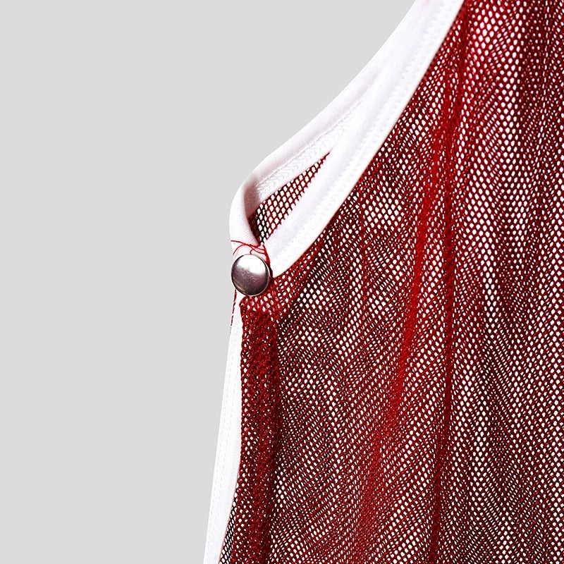 INCERUN Hombre Camisetas de Tirantes Malla Retazos Cuello Redondo Sin Mangas Chalecos Masculinos Transparentes Sexy Huecos Ropa de Hombre Ropa de Calle Verano