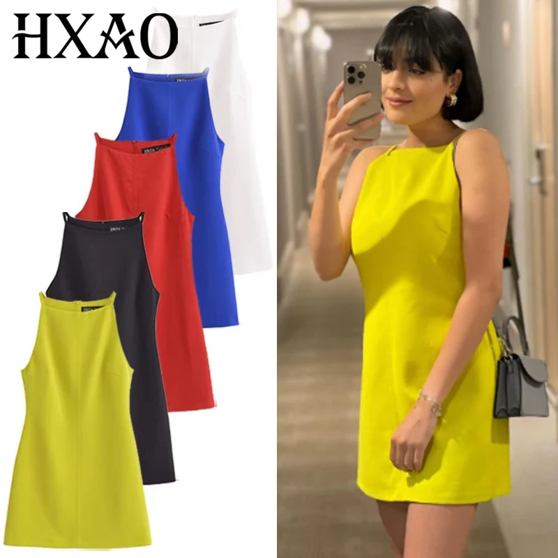 Summer Off-Shoulder Slip Dress | Sexy Solid Color Sleeveless TANK Gown | Elegant High Street Zipper Accent Above Knee Mini Dress | Premium Tatting Regular Fit Straight Luxegan