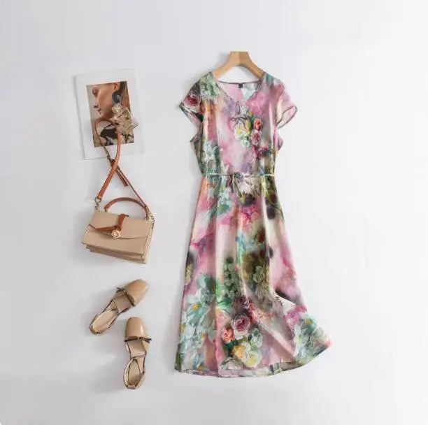 Print Round Neck Flare Sleeve Loose Straight Midi Dress – Mulberry Silk, Summer