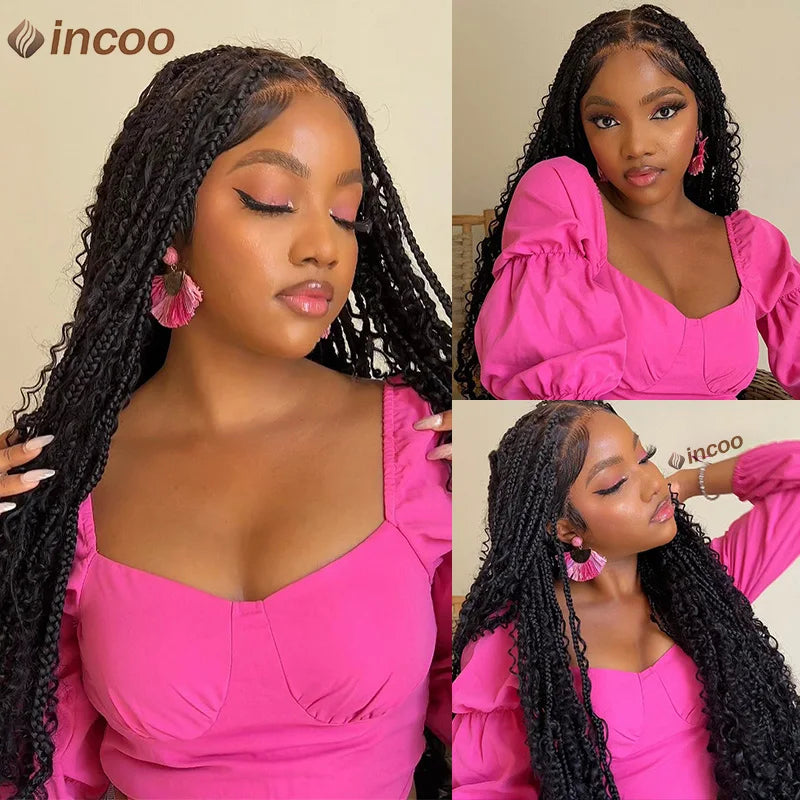 Long 32 Boho Braided Full Lace Front Wigs Synthetic Blonde Curly Goddess Locs Cornrows Wigs Pre Plucked Baby Hair Box Braids Wig Luxegan