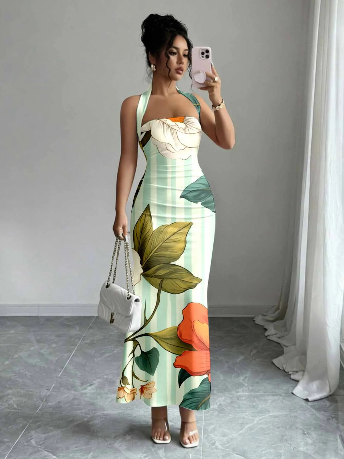 Print Slash Neck Spaghetti Strap Sleeveless Zip Detail Regular Fit Sheath Ankle-Length Dress – Slight Stretch Polyester-Elastane, Summer Luxegan