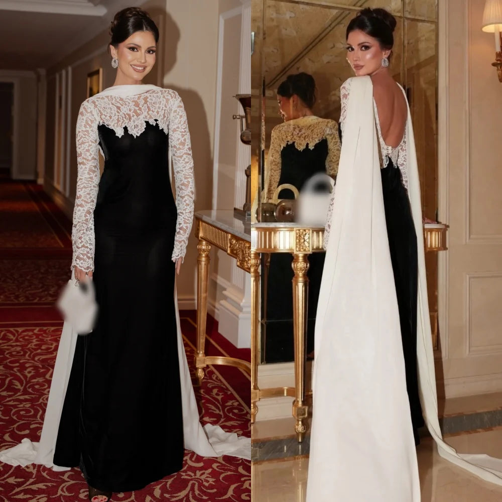 Elegant Shawl Backless Evening Gown | Bespoke Occasion Trumpet Long Dress | Full-Sleeve O-Neck Lace Pleated Floor-Length Formal Wedding Gown Luxegan