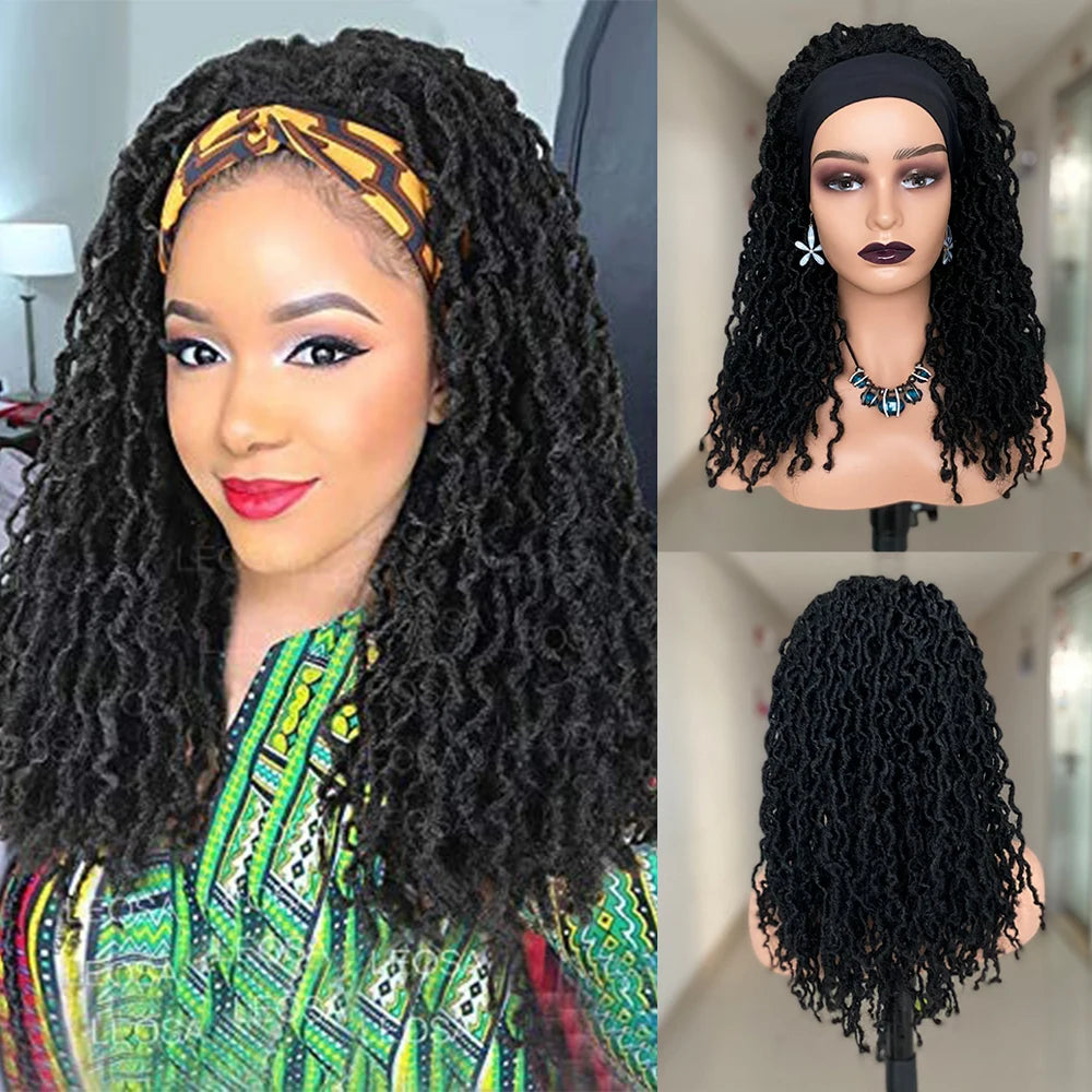 Faux Locs Crochet Headband Wig - Ombre Brown Synthetic Braided Box Braid & Twist Wig - Medium Length Curly Dreadlocks Headband Wig for Black Women (Daily Use) Luxegan