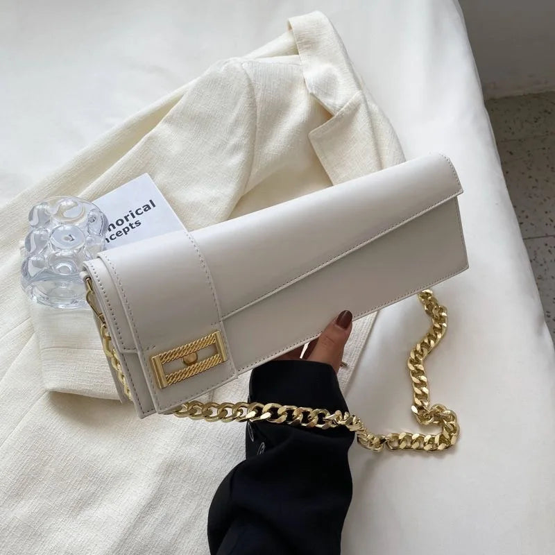 High Quality Klein Blue PU Leather Shoulder Bag for Women | Fashion Rectangle Underarm Purse (Ladies' Solid Handbag with Chains) Luxegan