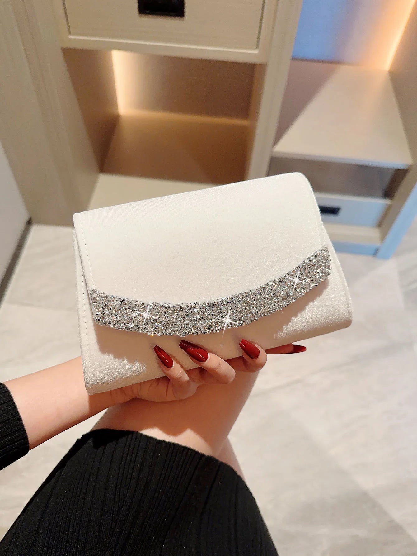A Shiny Rhinestone Velvet Evening Bag | Romantic White Wedding & Formal Party Clutch Luxegan