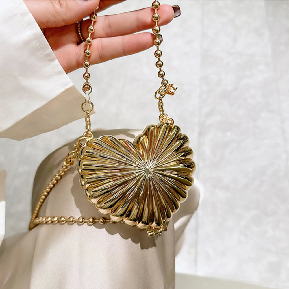 Metallic Heart Shell Minaudiere | Hard Golden/Silver Designer Evening Clutch Luxegan