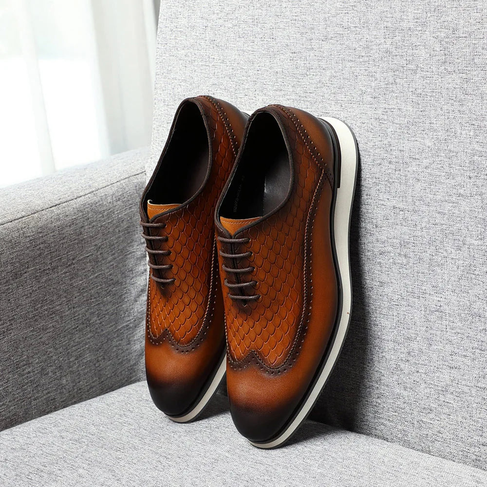 Men's Natural Genuine Leather Oxfords | Classic European Style Snake Print Casual Sneakers (Breathable) Luxegan