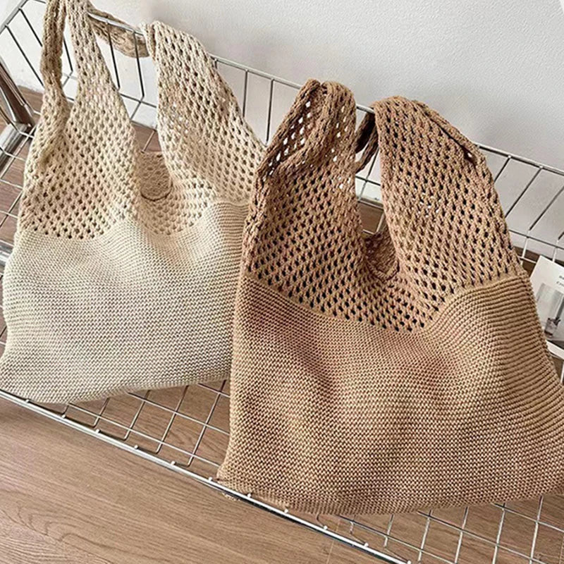 New Trend Women's Crochet Handbag | Retro Knitted Braid Solid Color Hollow Top-Handle Tote Bag (Black Khaki Shopper) Luxegan