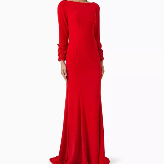 Floral Sequined Mermaid Prom Dress | Boat Neck Full Sleeve Floor-Length Evening Gown Luxegan